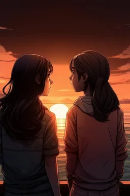 gün batımını izleyen 2 kız 2D biraz daha detaylı daha fazla detay ve 2d yüzleri hafif görünüyor yüzleri görünüyor farklı bir tarzda