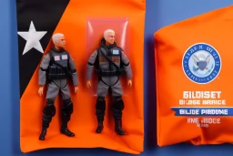 Mike Pence G.I. Joe toy Doll Space force uniform inside blister packaging hanging on a Wallrack in toy store, fluorescent orange, wide angle shot whole body, black boots, fullsize