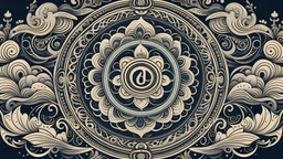 Generate a surreal wallpaper with an intricate design centered around the Om symbol from Hinduism, depicting a serene and captivating journey through a mythical landscape