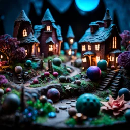 Detailed creepy landscape made of modeling clay, stars and planets, village, flower, Tim Burton, strong texture, Harry Potter, extreme detail, decal, rich moody colors, sparkles, bokeh, odd