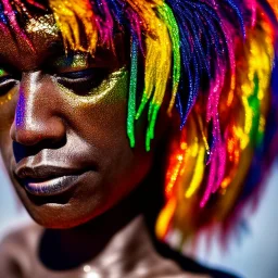 masterpiece, best quality, old man, dark skinned, sparkling eyes, fluorescent skin, colorful makeup, afro, head shot, highly detailed body, sun light, 4K, RAW, depth of field, high contrast, realistic details, 24mm