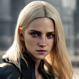 Photorealistic close-up of a beautiful blonde assassin with dystopian clothes and background