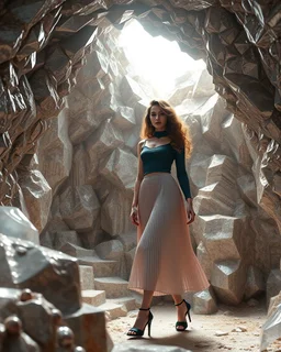 make a picture pretty cave made of crystal and metallic 3d fractal recursive cubic and sphere base structures and a beautiful fashion model lady with cute,with dark cyan decholte top and pretty pleated midi skirt,siver,curvy long hair,makeup, she walks in cave ,dynamic camera fallow her inside cave capturing full body, dynamic lights.