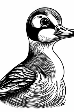 Wood Duck Coloring, cartoon style, thick lines, low detail, black and white, no shading