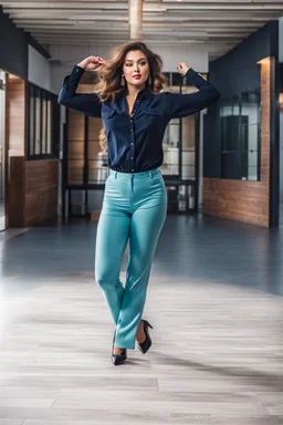 full body of very beautiful girl gean pants and blouse , curvy hair ,standing idle happy pose in studio pretty makeup