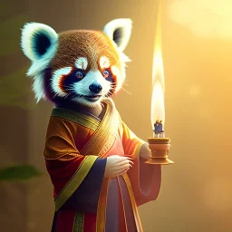 a cute litte red panda wearing Hanfu, holding a large candle, BK complex detail, cinema, reality, detail, octane rendering, stoic cinematic 4k epic detailed photograph shot on kodak detailed bokeh cinematic hbo dark moody 8k, 85mm f/16 by leica