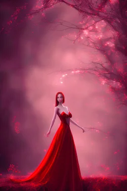 Adorable woman in red gown volumetric light ray in haze