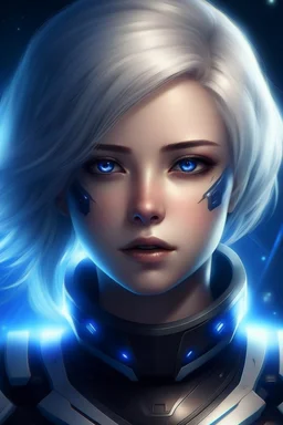 Galactic beautiful woman commander Ship deep blue eyed whitehaired