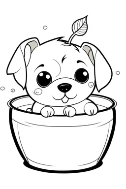 a simple outline of a cute dog in a pot, in a drawing style, black and white.