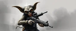 air brush 3d with pen outline, mongrel goblin gremlin holding uzi, charcoal fog border