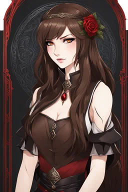 A portrait headshot of a confident looking young woman with pale skin and long brown hair in a dark fantasy setting with intricate details. She is a mage wearing black and read leather, has blood-red eyes, an air of malevolent power surrounds her. Anime style. High definition.