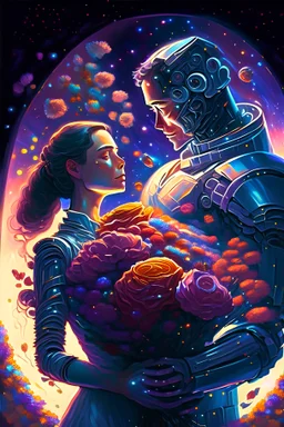 an android man gives a bouquet of flowers to a beautiful human woman, in 90's anime style, an android man in love and a human woman, extremely detailed painting, lots of stars, space, beautiful glowing, centered, symmetry, painted, intricate, volumetric lighting, beautiful, sharp focus, ultra detailed, in the style of dan mumford and marc simonetti, astrophotography, 8k resolution