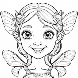 realistic FAIRY, adult, face view, cute, smile, beautiful, full view, realistic, coloring page, only draw lines, coloring book, clean line art, wildlife-inspired, kid style, –no sketch, color, –ar 3:4, white background, minimalistic black lines, 8k, minimal black color, low level black colors, coloring page, use pure black and white colors, avoid thick black colors, thin black line art, avoid colors, perfect shape, perfect clear lines, clear edges, white background,