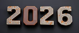 "2026" in squared block letters made of shiny and rusty metal on contrasting background