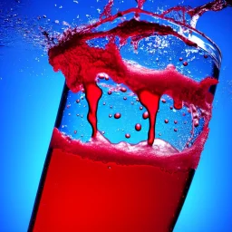 realistisches Blut in einem Glass welches im blauen Ozean schwimmt, besondere Betonung auf das Glas mit Blut, HD