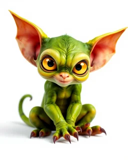 Flux P: a small gremlin, with large expressive yellow eyes and oversized ears that resemble bat wings. The creature has a vibrant green, slightly scaly skin, and a playful, mischievous expression. It sits in a dynamic pose, with a curled tail and pawed feet featuring sharp, claw-like toes. The background is minimalistic and bright white, emphasizing the creature's vivid colors. The lighting is soft and even, highlighting the detailed textures of the skin and the glossy shine of the eyes. The ove