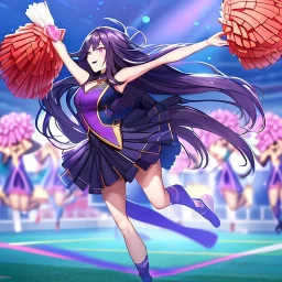 Clear focus,8k,Beatiful Lighting,Beatiful Blur,Beatiful Face,Beatiful Shading,Black long hair,silky hair, long silky bangs, Purple eyes, wearing a cheerleading outfit, Jumping, happy