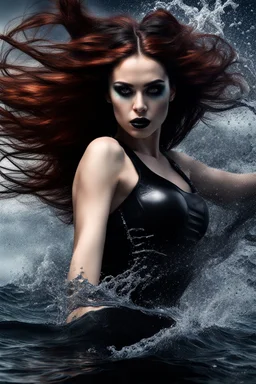 A beautiful Goth girl, dark black makeup, dark under eyes, auburn hair with black stripes, action image of her braking water surface, freedom, dramatic, highly detailed, 8k, abstract