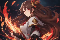 woman with long brown hair and red eyes from Genshin Impact, intricate background, intricate face, fire archon, anime style, dynamic composition