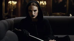 [Legend (1985)] Natalie Portman as Dahlia Death, she is a pale brunette with black lipstick clad in a dark agent provocateur dress with a hoodie and a scythe. She sits on a sofa in a dark mansion