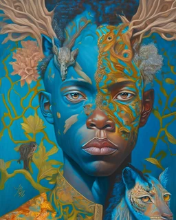 An intriguing portrait of a person whose face is half-human, half-animal, representing their connection to the natural world, in the style of modern mythology, bold colors, textured brushstrokes, and a blend of realism and fantasy, influenced by the works of James Jean and Kehinde Wiley, examining the duality of human nature and our relationship with the environment.