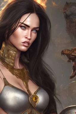 Perfect face megan fox, warrior clothes, highly detailed face, highly realistic, dog, fire, particles