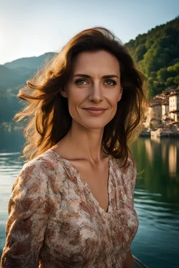 Act like a street photographer. Create a realistic photograph of a small Italian town at Como Lake in late spring with a 40-year-old, young look as her age, beautiful, slim Polish woman with brown hair and green eyes. Use a 24 mm lens and a Fuji T30 camera for mild light, warm, golden hour photos from a distance, elegant red dress for a dinner, sensual pose