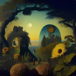 High definition photography of a marvelous landscape, trees, flowers, giant sun, people wearing masks, eerie, rock formations, atmosphere of a Max Ernst painting, Henri Rousseau, thoughtful, interesting, a bit appalling, smooth