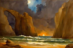 Night, rocks, cliffs, sci-fi, distant mountains, sea, waves, sand, seashore, epic, fantasy, winslow homer watercolor paintings