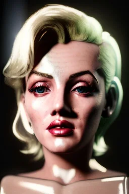 Ultra Realistic image, portrait, blonde woman, sweet Marylin Monroe face, perfect iris, glow eyes, glow makeup. Cyberpunk style, latex coat, fog, rain, soft color, highly detailed, unreal engine 5, ray tracing, RTX, lumen lighting, ultra detail, volumetric lighting, 3d, finely drawn, high definition, high resolution.