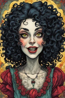 a cartoon illustration of a schizophrenic curly black haired vampire girl , in the cartoon style of Lynda Barry , Ernie Pook's Comeek, vibrant natural colors, , museum quality masterpiece