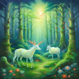 oil painting of an enchanted forest, with glowing mushrooms, fireflies and a unicorn, soft brushstrokes, pale colors, dreamlike atmosphere
