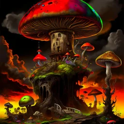 A fantabulous black, orange, and green (((mushroom tower house))) erected atop a (geologic pillar), surrounded by the uncanny imaginative ((( swirling skies))), offset by the stark hues of a (neon-tinged nebulous space scape), within. captured by the hand a skilled master painter with a focus on (softly blurred compositions and voluminous lighting).