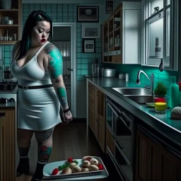 Picture of a photrealistic, lifelike,young 33 year old chubby extreme tatood girl sleep walking in kitchen with big scary knifes in her hands