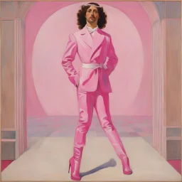 [Kupka] Jesus Christi in a pink battlesuit pink gloves and pink high heel boots. The Ministry of Silly Walks.