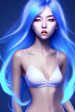 k-pop girl, dramatic lighting, blue hair, hd