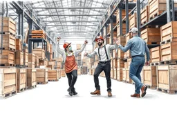 workers dancing in a industry factory with lot of wooden crates , a drawing with sketch lead pencil