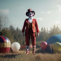 Ultra realistic circus scene. clown man, waist up view, Wes Anderson style, dark ambient, highly detailed, concept art, unreal engine 5, god rays, ray tracing, RTX, lumen lighting, ultra detail, volumetric lighting, 3d, finely drawn, high definition, high resolution.