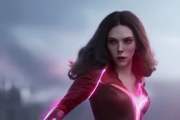 Wanda maximoff, bruxa escarlate, vilã, destruindo tudo com sua magia, brava, dramático, magia vermelha, cores frias, imagem cinematográfica