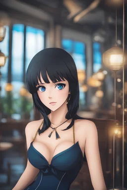 A anime style professional photography of Nico robin a most pretty beautiful girl from one piece, black hair, gaunt face, blue eyes, big eyes, melancholy eyes, melancholy glance indifferent ignore, thin lips,natural make up,beautiful, pretty, melancholy girl, slim body, dress and vest, , u, perfect body, perfect face,Canon EOS 5D mark IV, best quality photography