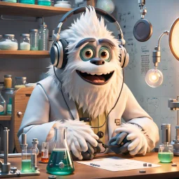 Pixar: A Yeti epidemiologist sits in a well-lit lab, headphones on, deeply engrossed in a podcast. On the desk beside him are various lab equipment and a freshly made panini, steam rising from it. His expression is one of contentment and curiosity, combining his love for science and food.