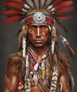 Guaicaipuro, native american face, Muscular warrior, three red feathers headband, holding spear