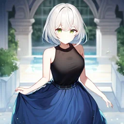 Clear focus, High resolution, light grey short hair, dark green eyes, wearing a black t-shirt and blue skirt, fluffy hair, detailed outfit