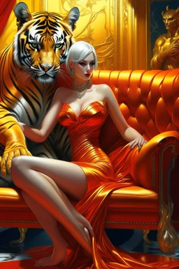 A digital painting by Sorayama of a beautiful gynoid with a yellow dress sitting in a red couch next to a tiger's head.