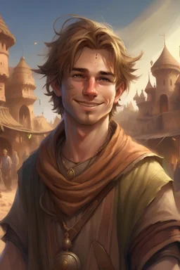dnd, fantasy, in a desert town, portrait, a young and fun human wizard good looking, happy smiling face