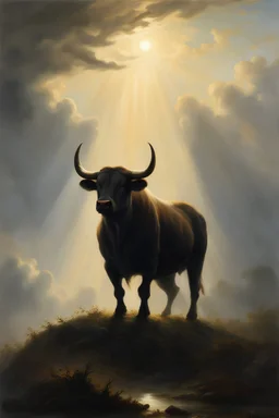 in dense foggy, a front view a dark shape powerful bull standing in the middle of a clouds in backlight, looking majestic landskape, by Albert Bierstadt, king of the sky, god of the sky, bull portrait, beautiful painting of a tall, a bull with majestic horns, bull made out of shadows, wildlife. atmospheric