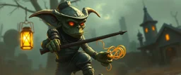 air brush 3d with pen outline,spaghetti western goblin edgy hero, shallow depth of field, warm lantern