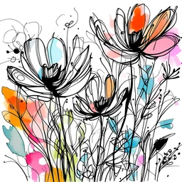 Clip art of Sketched flowers with black ink and filled with abstract watercolor