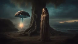 Full Body Shot Of A Young, Slim Woman Covered In rags, standing under a tree, holding an umbrella made from a jellyfish, a glowing ball in her hand, photorealistic, Detailed Matte Painting, Deep Colour, Fantastical, Intricate Detail,