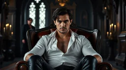 A breathtaking cinematic portrait of a handsome, muscular man around 35 years old sitting confidently in an elegant Victorian armchair inside a dark Gothic castle room. He has medium-length dark hair, dark eyes, subtle stubble, and an intense, determined gaze looking directly into the camera. His white shirt is partially unbuttoned, revealing part of his chest, with fitted black leather trousers, pale light, dark colors. in background a blur vampire voman stands in shadow, detalied, cinematic